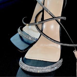 Rhinestone Black Lace Up Stiletto Heels; 8